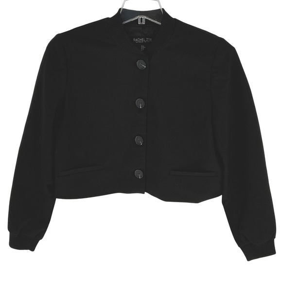 Rachel Zoe Black Bomber Jacket Cropped Button Front Ribbed Collar Cuffs Womens M - Picture 2 of 7